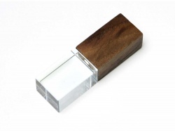 OA2102093411 USB-флешка на 64 ГБ прямоугольной формы, под гравировку 3D логотипа, материал стекло, с деревянным колпачком красного цвета, синий
