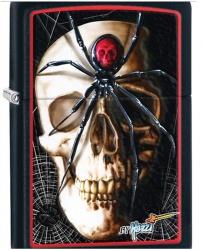 GR171113587 Zippo Зажигалки шиpокие. Зажигалка ZIPPO Mazzi, латунь c покрытием Black Matte, черный с изображением черепа, паука и паутины, матовая, 36х12x56 мм