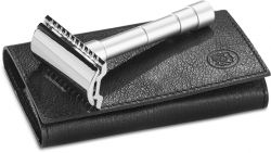 GS184061919 DOVO. Станок Т- образный для бритья MERKUR сатинированный, разборный, в чехле из натуральной воловьей кожи