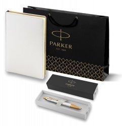 PRKRWG2143643 Parker IM. Подарочный набор: Ручка шариковая Parker IM Premium K318 Pearl GT, цвет чернил синий и белый недатированный ежедневник с золотым срезом