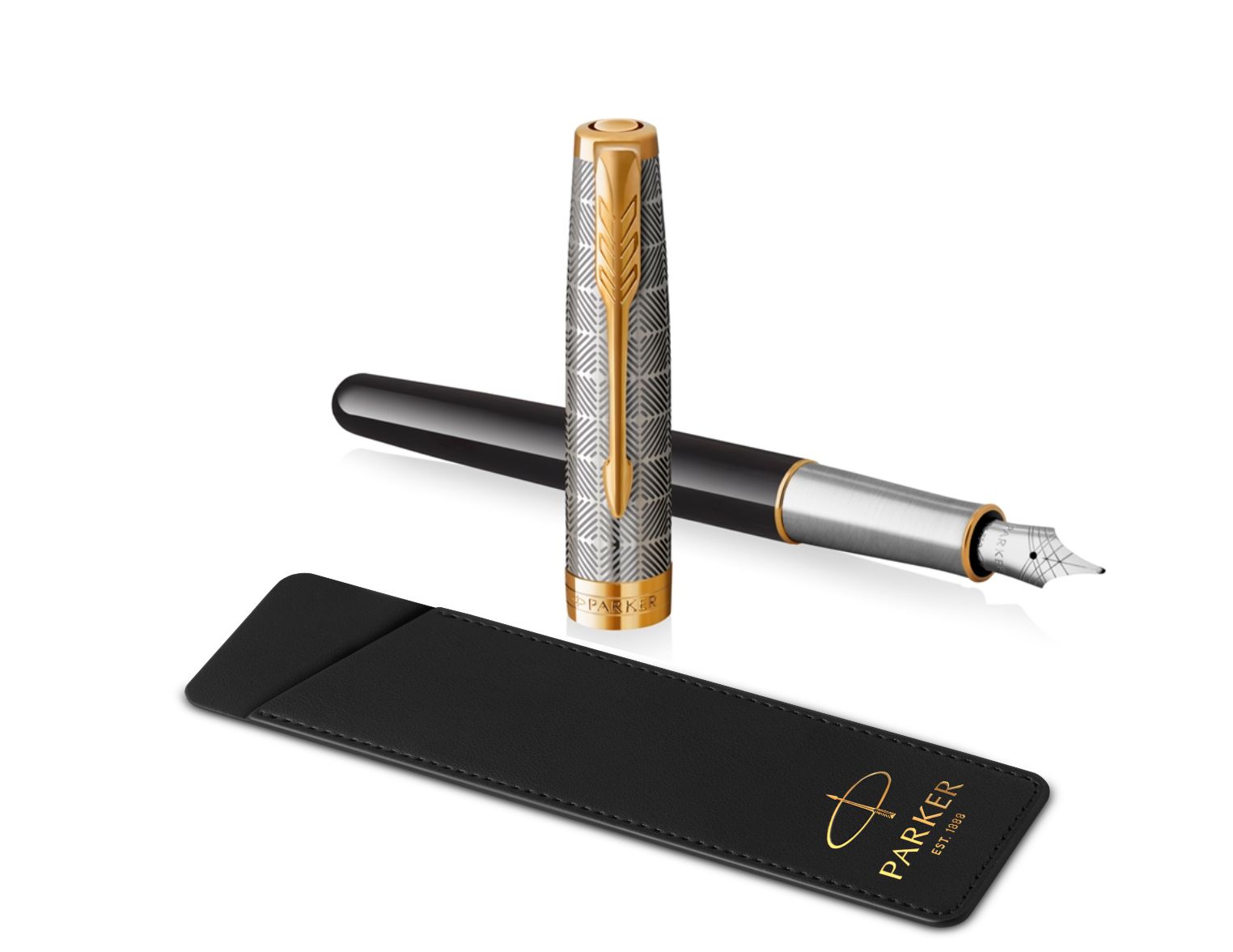 PR50F-BLK1G_P Parker Sonnet. Перьевая ручка  и чехол из кожи Parker Sonnet Premium Refresh BLACK GT, перо 18K, перо: F, цвет чернил black, в подарочной упаковке