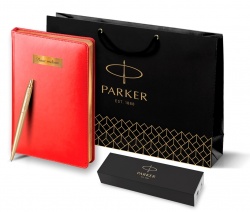 PR50B-SETGLD1G Parker Jotter XL. Подарочный набор Parker: Ежедневник красного цвета с золотом и шариковая ручка Parker Jotter XL YellowGold, цвет стержня синий