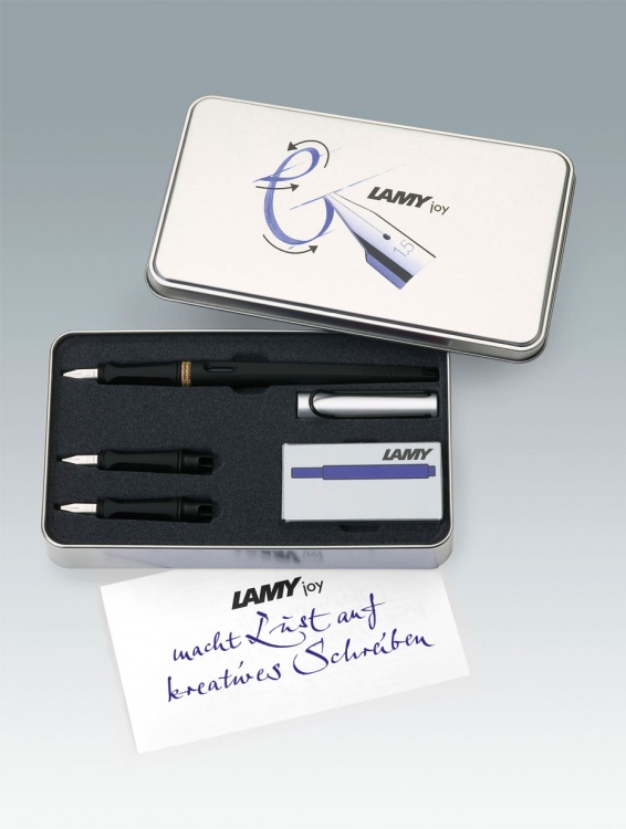 Подарочный набор Lamy ручка перьевая joy 011+зап перья+картр, Черно-серебристый, 1,1 mm, 1,5 mm, 1,9 mm