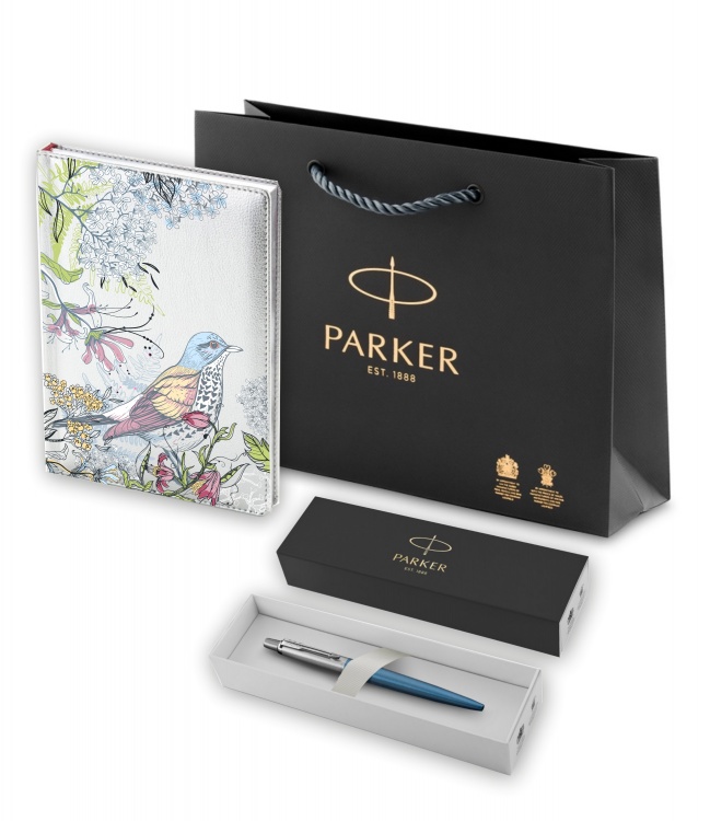 Подарочный набор: Шариковая ручка Parker Jotter Essential, Waterloo Blue CT и Ежедневник недатированный серебристый