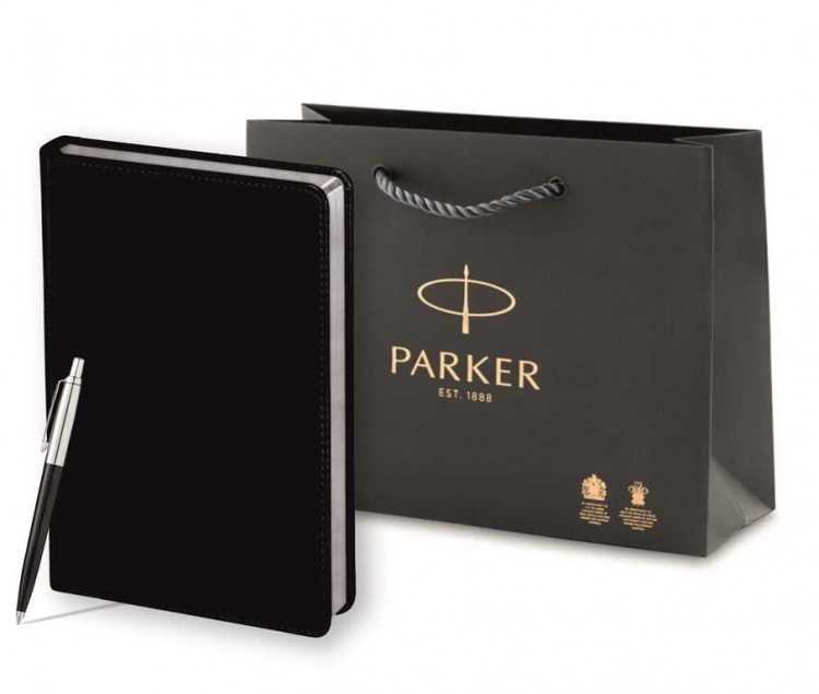 Подарочный набор: Шариковая ручка Parker Jotter K60, цвет: Black, стержень: Mblue и Ежедневник черный