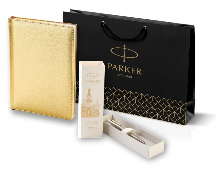 Подарочный набор: Шариковая ручка Parker Jotter Russia Steel GT и Ежедневник недатированный золотистый золотой срез