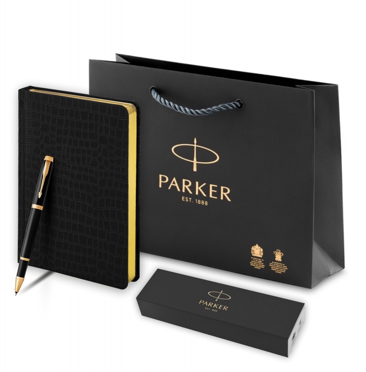 Подарочный набор Parker: ручка-роллер Parker IM Metal Black GTи ежедневник черного цвета с имитацией под кожу рептилии
