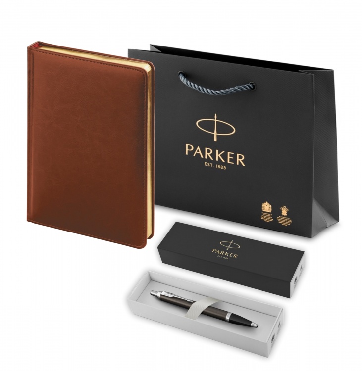 Подарочный набор: Шариковая ручка Parker IM Metal Core Dark Espresso CT и Ежедневник недатированный А5 коричневый