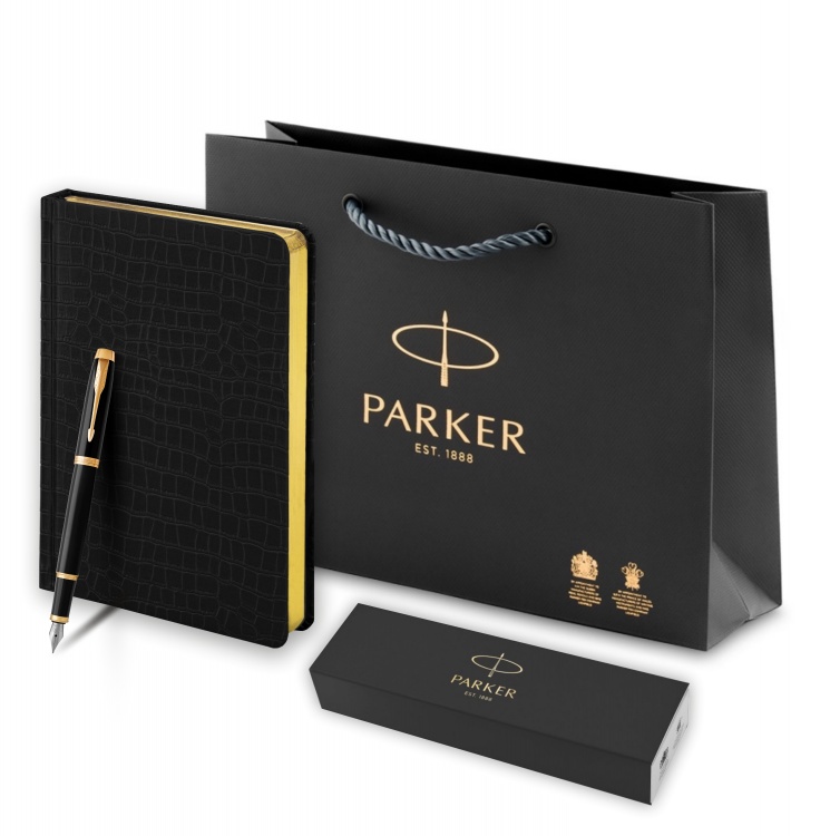 Подарочный набор: Перьевая ручка Parker IM Metal Black GT (глянцевый черный лак) и Ежедневник недатированный А5 черный
