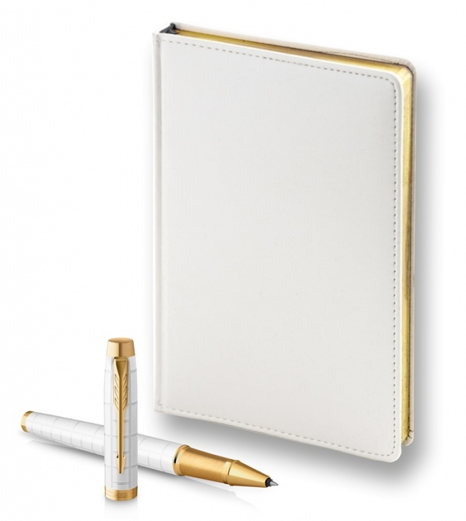 Подарочный набор: Ручка роллер Parker IM Premium T318 Pearl GT, цвет чернил черный и белый недатированный ежедневник с золотым срезом