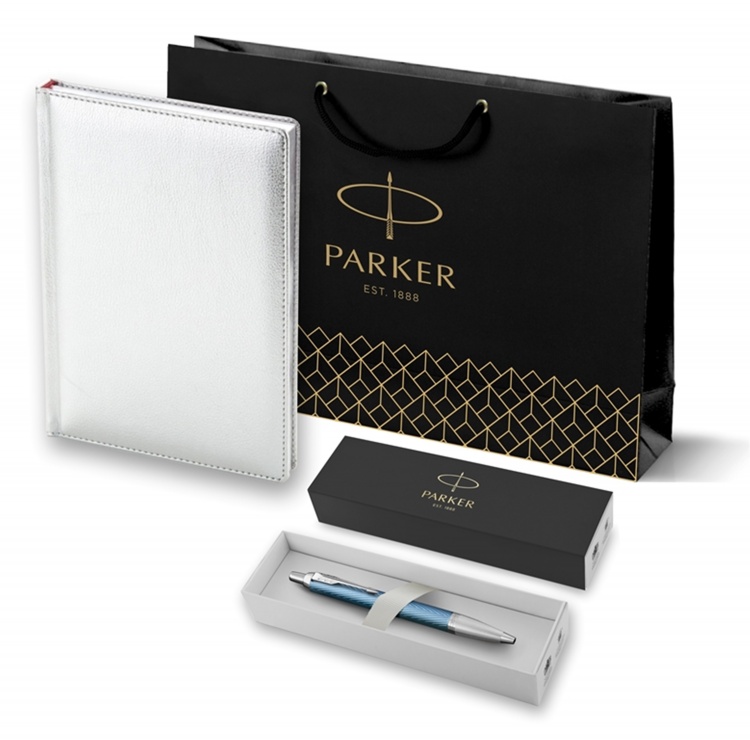 Подарочный набор: Ручка шариковая Parker IM Premium K318 Blue Grey CT, цвет чернил синий и ежедневник серебристого цвета