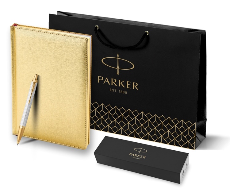 Подарочный набор: Ручка шариковая Parker IM Premium K318 Pearl GT, цвет чернил синий и золотистый ежедневник с золотым срезом страниц