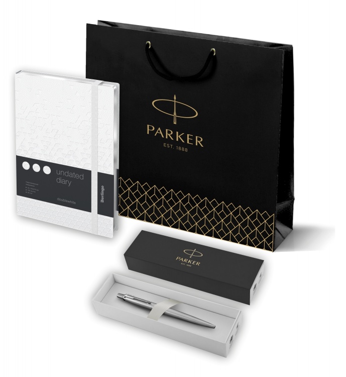 Подарочный набор:  Шариковая ручка Parker Jotter Essential, St. Steel СT и Ежедневник недатированный серебряный срез, белый.