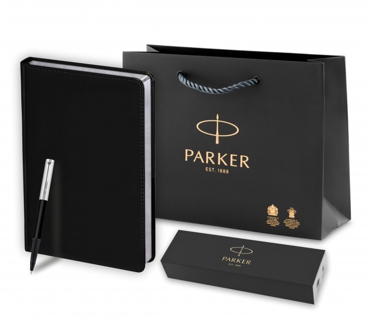 Подарочный набор: Шариковая ручка Parker "Beta Premium Silver" и Ежедневник черный