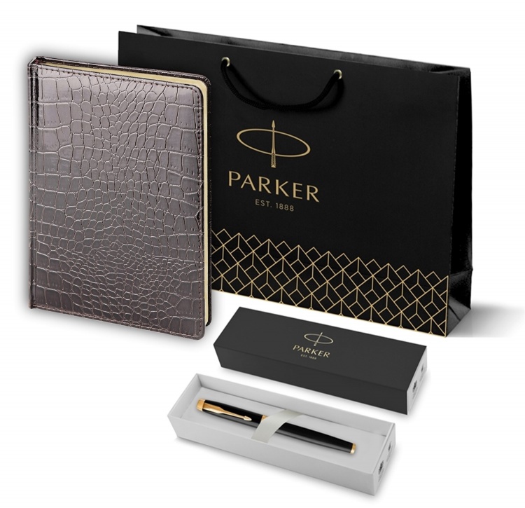 Подарочный набор Parker: ручка-роллер Parker IM Metal Black GTи ежедневник коричневого цвета с имитацией под кожу рептилии