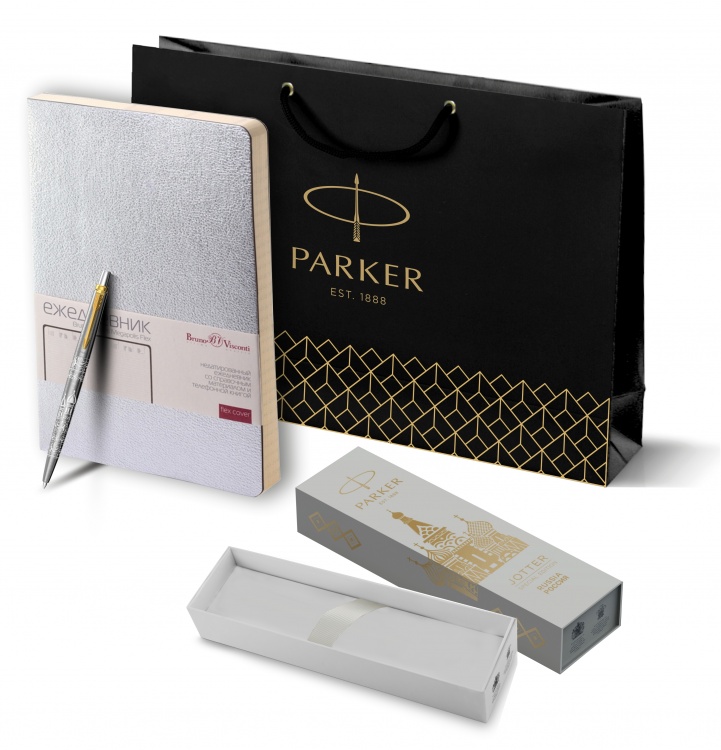 Подарочный набор: Шариковая ручка Parker Jotter Russia SE, цвет: St. Steel GT и Ежедневник недатированный серебристый
