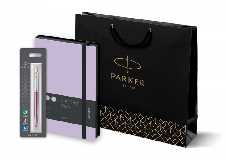 Подарочный набор: Шариковая ручка Parker "Jotter Victoria Violet Chrome CT" и Ежедневник недатир., черный/лаванда, с резинкой