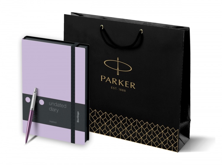 Подарочный набор: Шариковая ручка Parker "Jotter Victoria Violet Chrome CT" и Ежедневник недатир., черный/лаванда, с резинкой