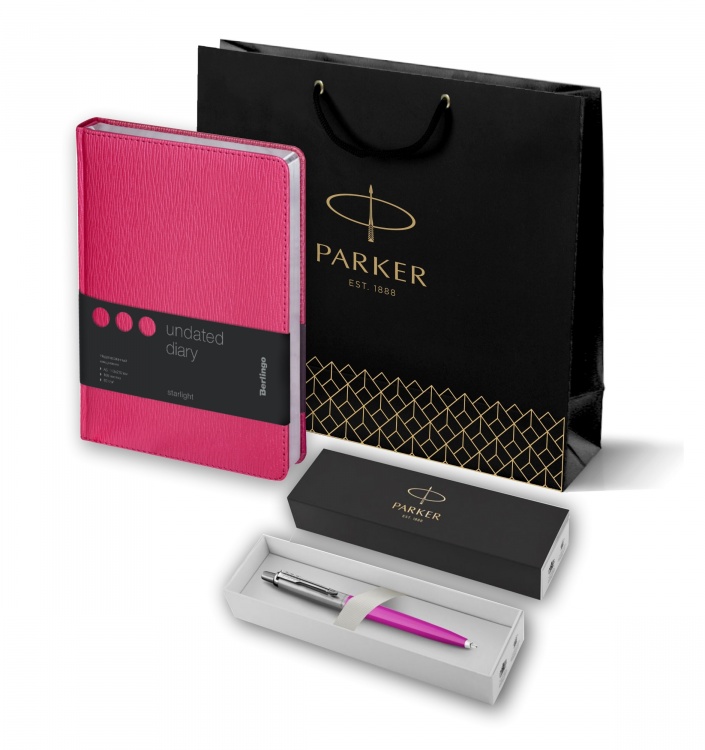 Подарочный набор: Шариковая ручка Parker Jotter, цвет MAGENTA и Ежедневник недатир. серебр. срез, фуксия