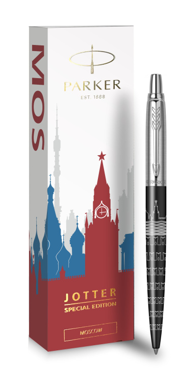 Шариковая ручка Parker Jotter Moscow SE, Satin Black CT, стержень: M, цвет чернил : blue в подарочной упаковке