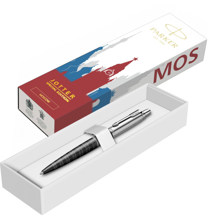 Шариковая ручка Parker Jotter Moscow SE, Satin Black CT, стержень: M, цвет чернил : blue в подарочной упаковке