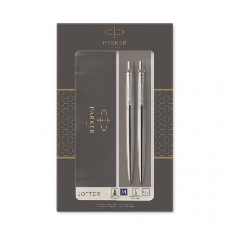 Набор из 2х ручек в подарочной коробке  &laquo;Паркер Джоттер Стэнли Стил Си Ти&raquo;.  Шариковая ручка синяя и механический карандаш. Произведено во Франции.