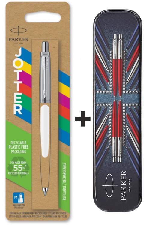 Шариковая ручка Parker Jotter ORIGINALS WHITE CT, стержень: Mblue ЭКО-УПАКОВКА