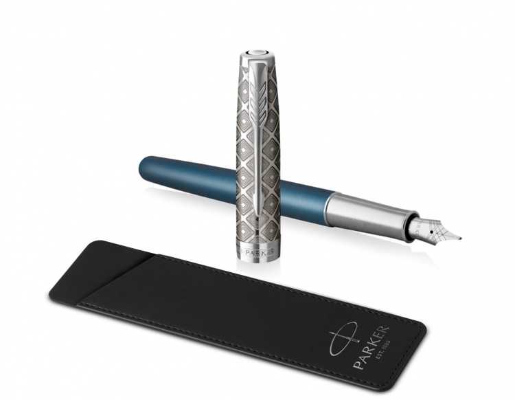 Перьевая ручка и чехол из кожи Parker Sonnet Premium Refresh BLUE CT, перо 18K, толщина F, цвет чернил black, подарочной упаковке