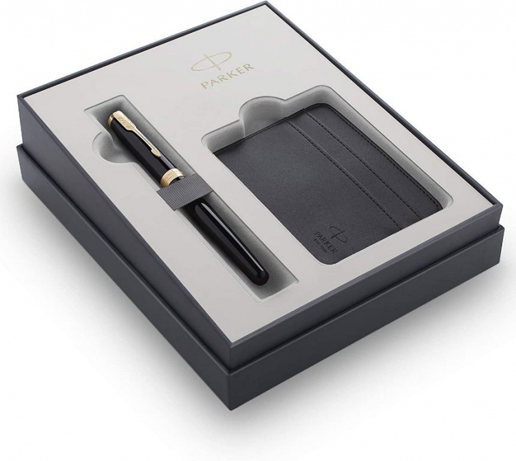 Подарочный набор Parker Sonnet с перьевой ручкой и футляром для карточек  Black GT, перо: M, цвет чернил: black, в подарочной упаковке