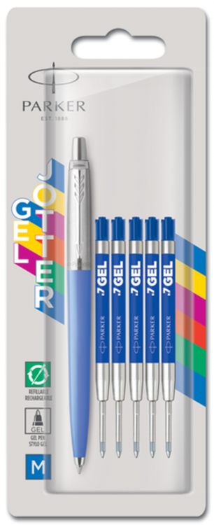 Набор в блистере: Ручка гелевая "Parker Jotter Blue" + 5 гелевых стержней, цвет Синий, толщина линии M (0.7)