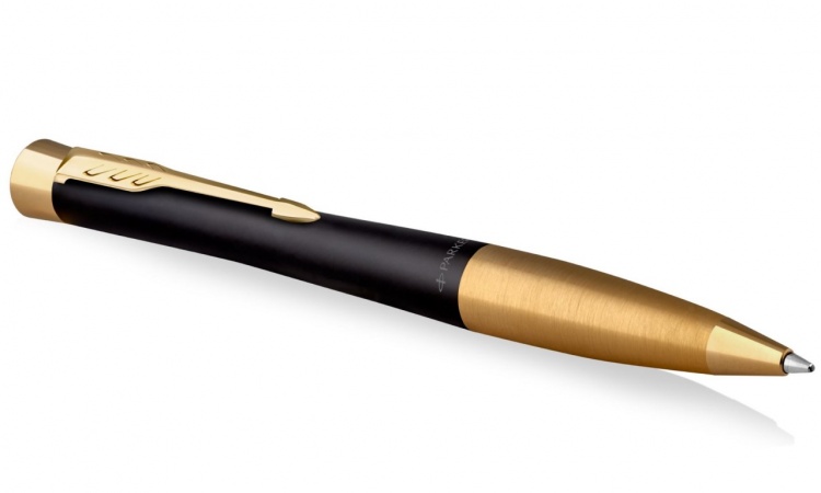 Шариковая ручка Parker Urban (матовый черный лак) Muted Black Gold Finish Trim, стержень: M, цвет чернил: blue, в подарочной упаковке.
