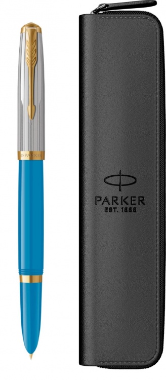 Перьевая ручка Parker 51 Premium Turquoise GT и кожаный чехол на молнии перо; M/F, чернила: Black,Blue, в подарочной упаковке.