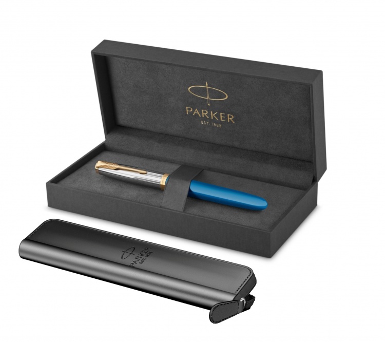 Перьевая ручка Parker 51 Premium Turquoise GT и кожаный чехол на молнии перо; M/F, чернила: Black,Blue, в подарочной упаковке.