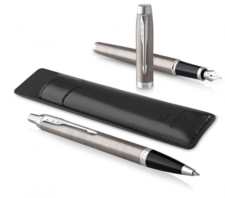 Набор из 2х ручек и чехла в подарочной коробке Parker "IM Stainless Steel CT".  Шариковая и перьевая ручки, чехол экокожа, чернила син., стержень М