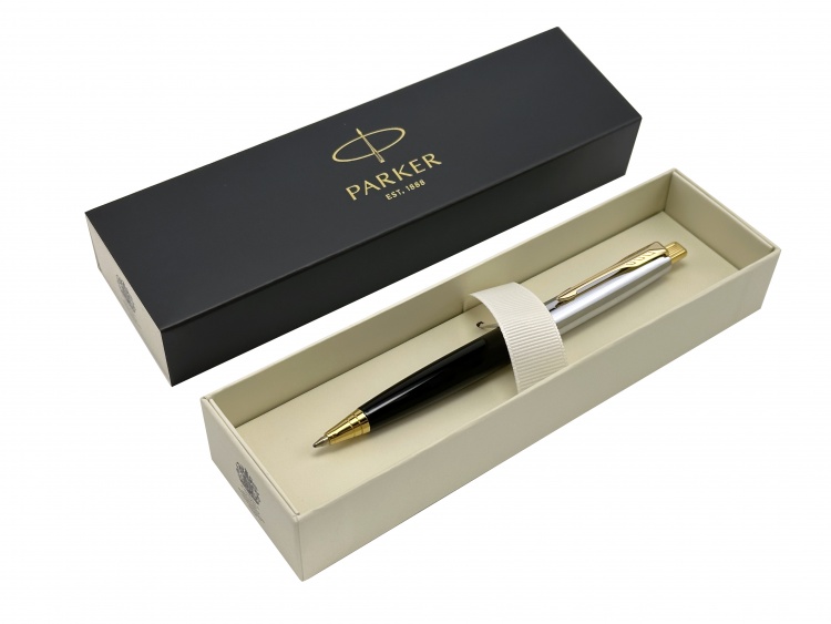 Ручка шариковая Parker "Aster shiny Black GT" синяя, 1.0мм, кнопочн., подар. упак.