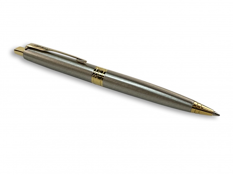 Ручка шариковая Parker "Aster Brushed Metal GT" синяя, 1.0мм, кнопочн., подар. упак.