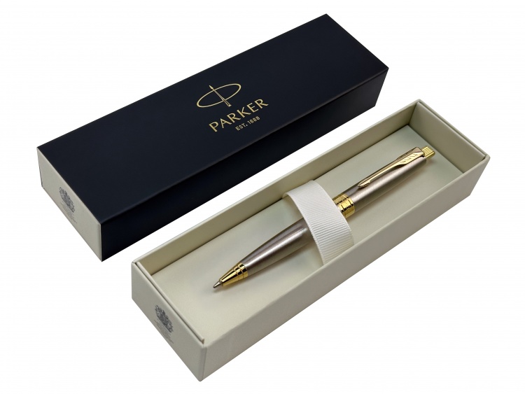 Ручка шариковая Parker "Aster Brushed Metal GT" синяя, 1.0мм, кнопочн., подар. упак.