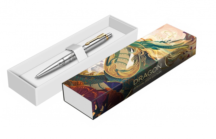 Шариковая ручка с чехлом Parker Jotter Dragon Special Edition, цвет: St. Steel GT, стержень: Mblue в подарочной коробке