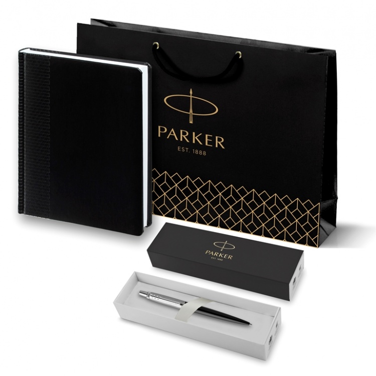 Подарочный набор Parker: Ежедневник черный из эко-кожи с тиснением и ручка шариковая Jotter Essential Satin Black CT, корпус черного цвета