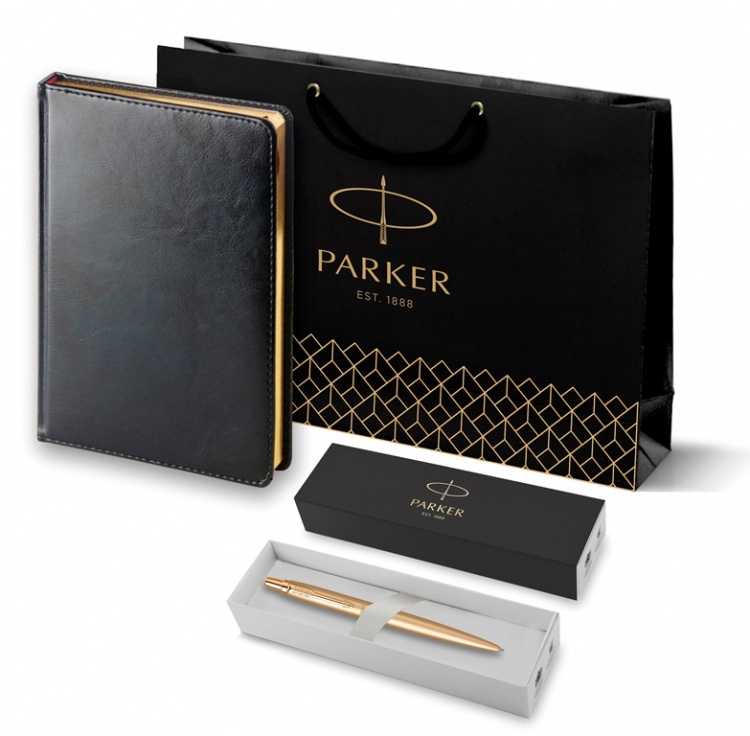 Подарочный набор Parker: Ежедневник черного цвета с золотистым срезом и шариковая ручка Parker Jotter XL YellowGold