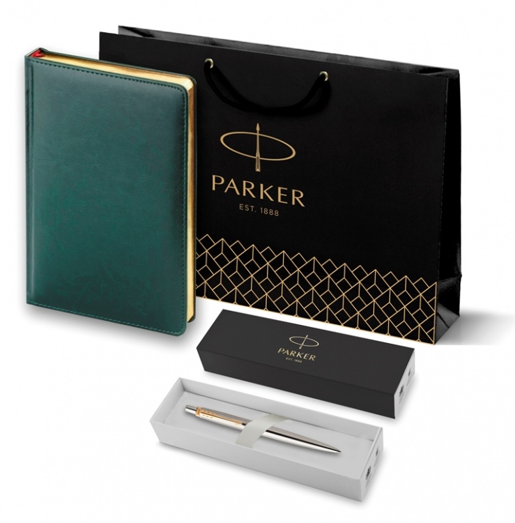 Подарочный набор Parker: темно-зеленый ежедневник с золотыми страницами и шариковая ручка Jotter Essential, стержень синего цвета