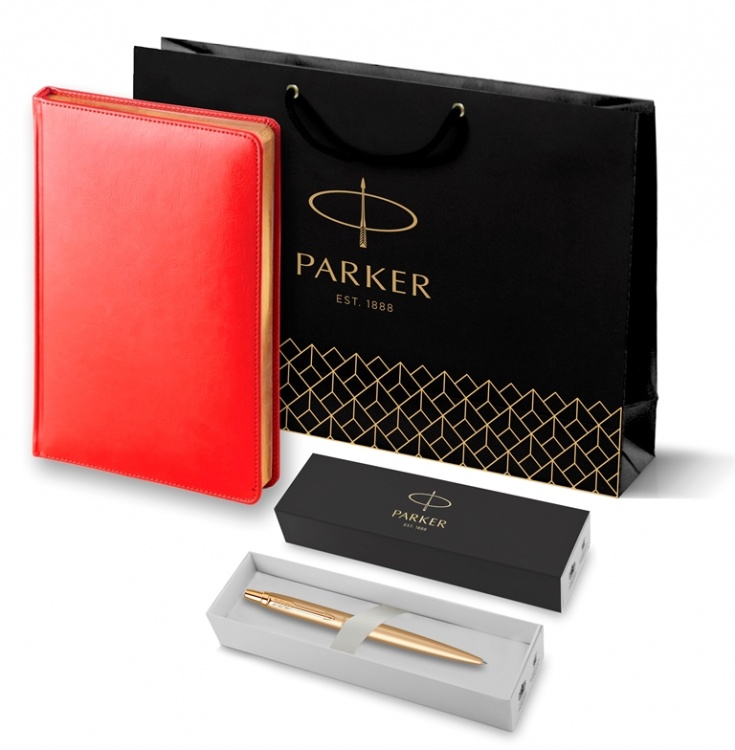 Подарочный набор Parker: Ежедневник красного цвета с золотом и шариковая ручка Parker Jotter XL YellowGold, цвет стержня синий