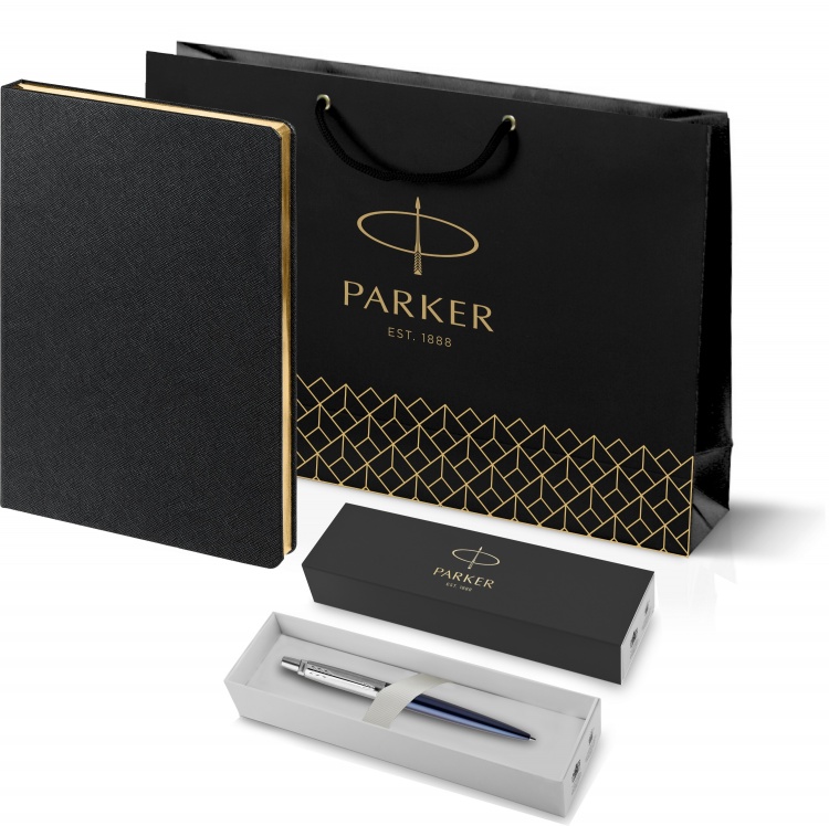 Подарочный набор: Шариковая ручка Parker Jotter Essential, Royal Blue CT, стержень: Mblue и Ежедневник недатированный черный с золотистым срез