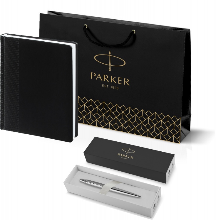 Подарочный набор: Шариковая ручка Parker Jotter Essential, St. Steel СT, стержень: Mblue и Ежедневник недатированный черный