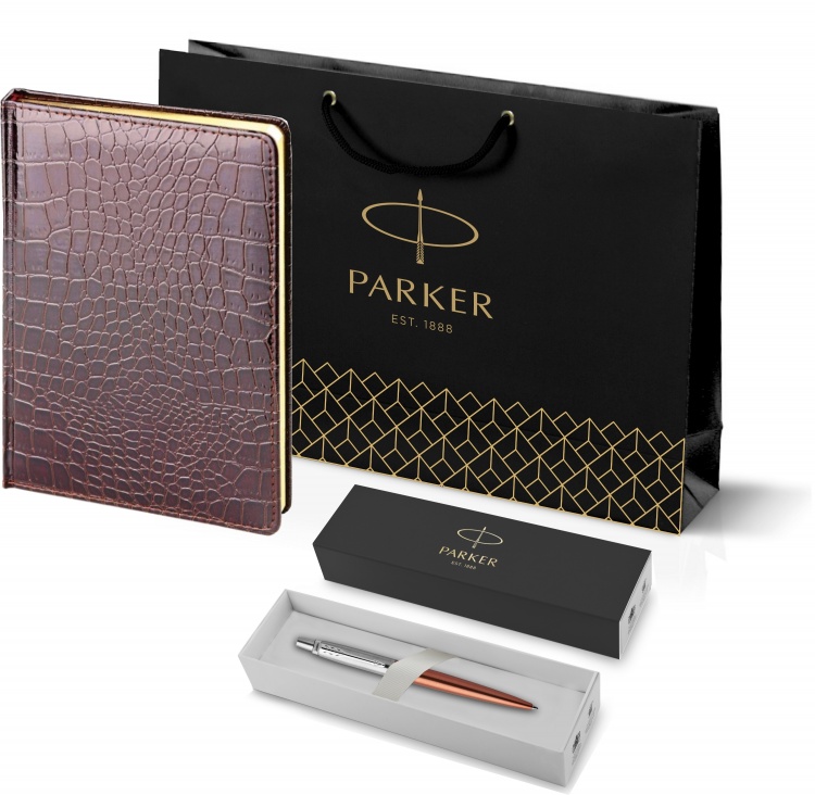 Подарочный набор: Шариковая ручка Parker Jotter Essential, Chelsea Orange CT, стержень: Mblue и Ежедневник недатированный коричневый