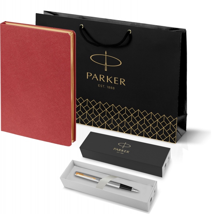 Подарочный набор: Ручка перьевая Parker Jotter Stainless Steel GT и Ежедневник недатированный красный