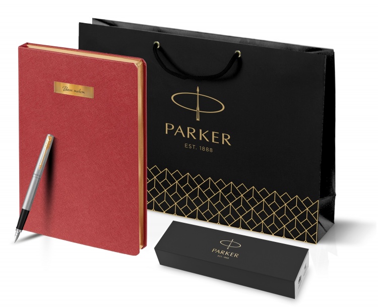 Подарочный набор: Ручка перьевая Parker Jotter Stainless Steel GT и Ежедневник недатированный красный
