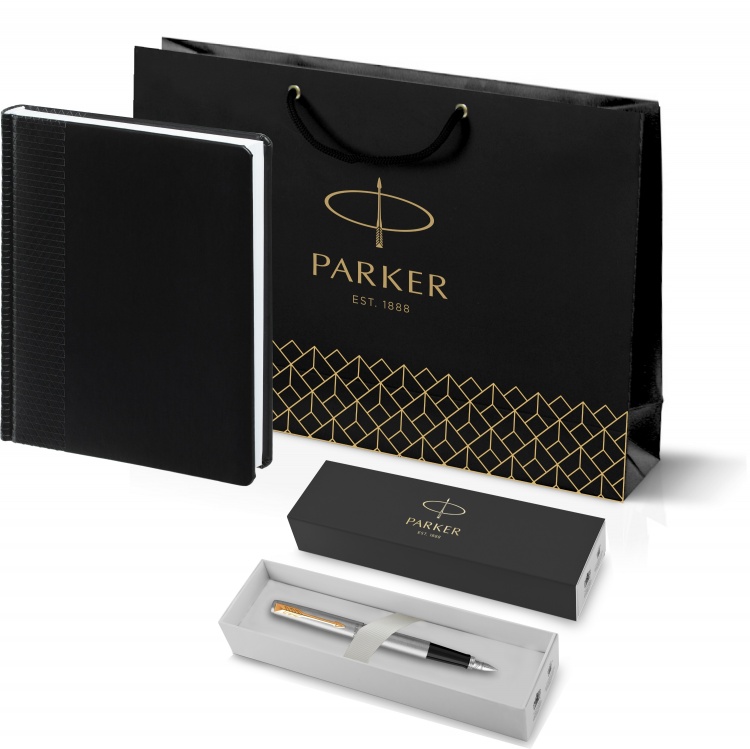 Подарочный набор: Ручка перьевая Parker Jotter Stainless Steel GT и Ежедневник недатированный черный