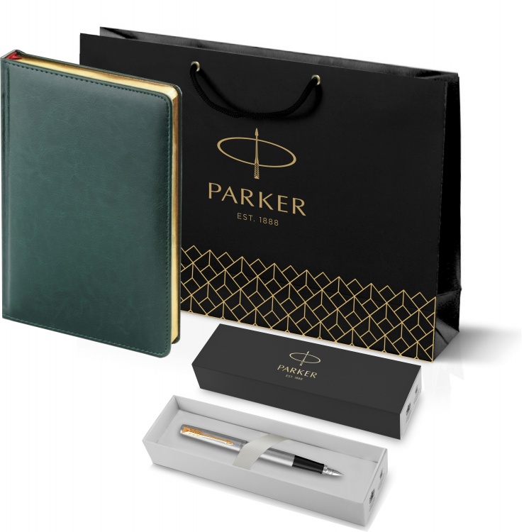 Подарочный набор: Ручка перьевая Parker Jotter Stainless Steel GT и Ежедневник зеленый недатированный