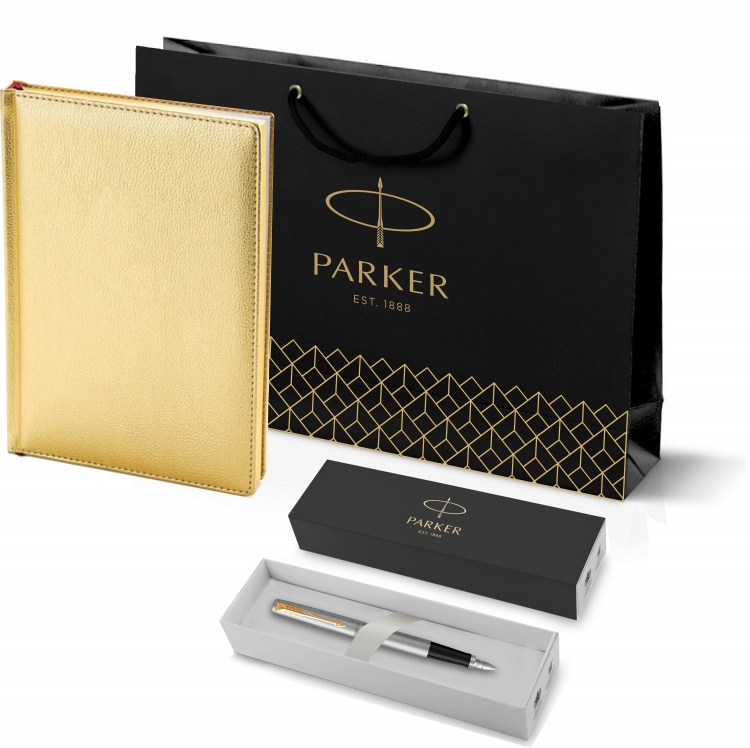 Подарочный набор: Ручка перьевая Parker Jotter Stainless Steel GT и Ежедневник золотистый недатированный